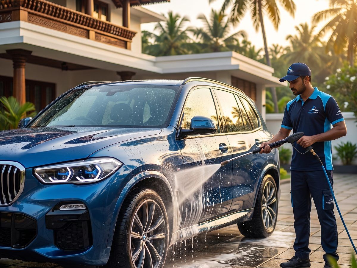 Aquashift technician doorstep-washing a blue SUV in its owner's driveway in Calicut