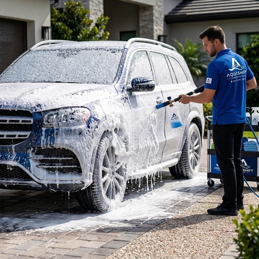 Thick foam covering a car's bonnet and hood during an Aquashift doorstep deep wash