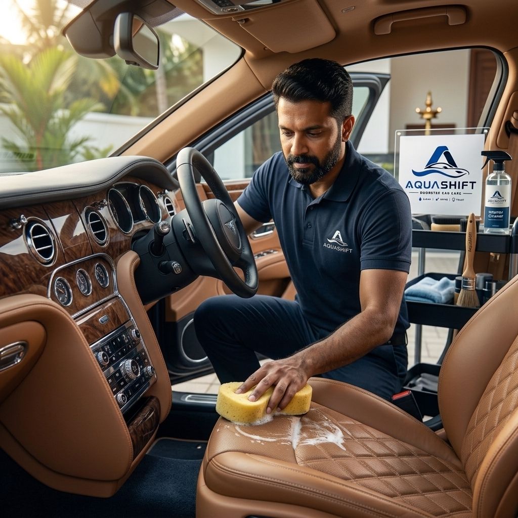 Aquashift technician cleaning the interior of a luxury car during a doorstep detailing service