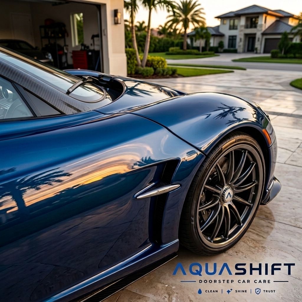Glossy reflective finish on a car's bodywork after an Aquashift wax and polish service