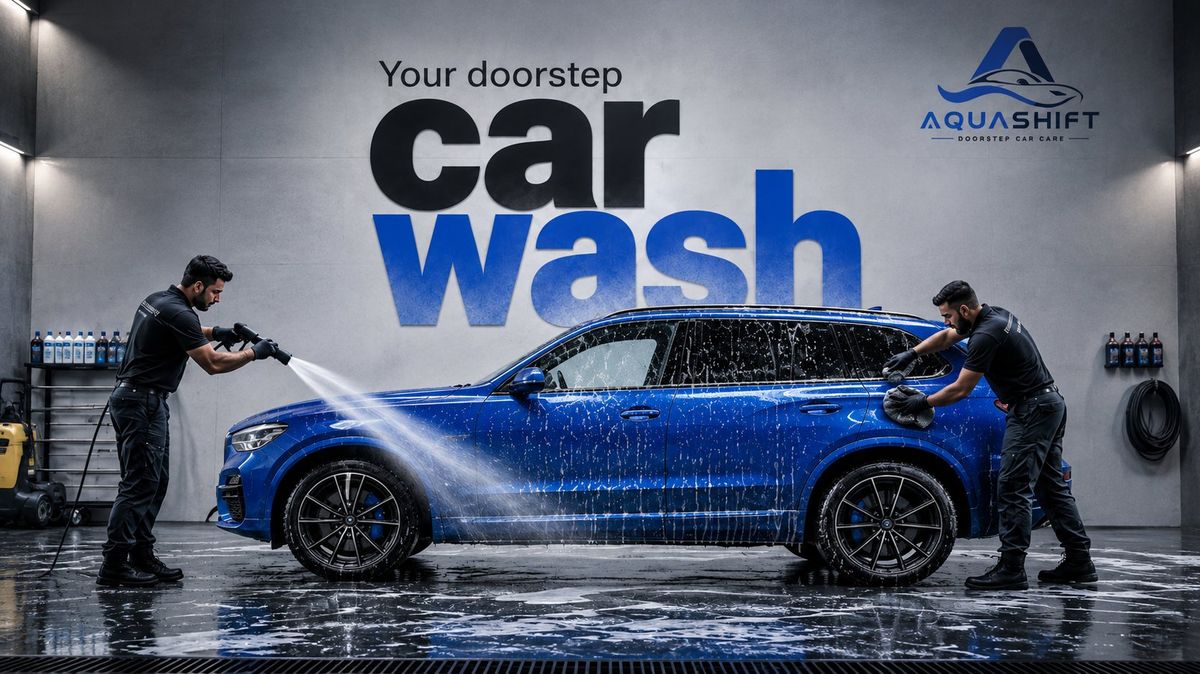 Two Aquashift technicians foam-washing a blue SUV at a doorstep car wash